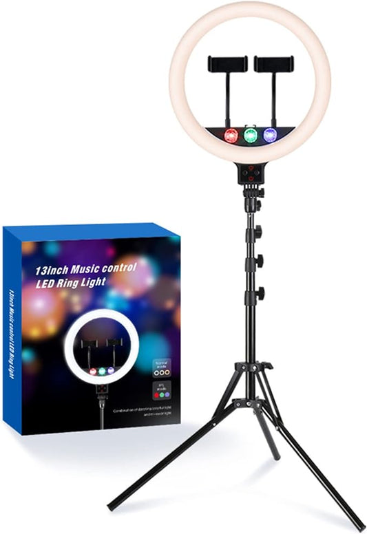 3Inch LED Ring Light Music Control with 2 Universal Phone Holder and 63 Inch Tripod Stand, 10 Level Brightness Adjustable Selfie Ring Light for Makeup, Photography, Videos, Vlog